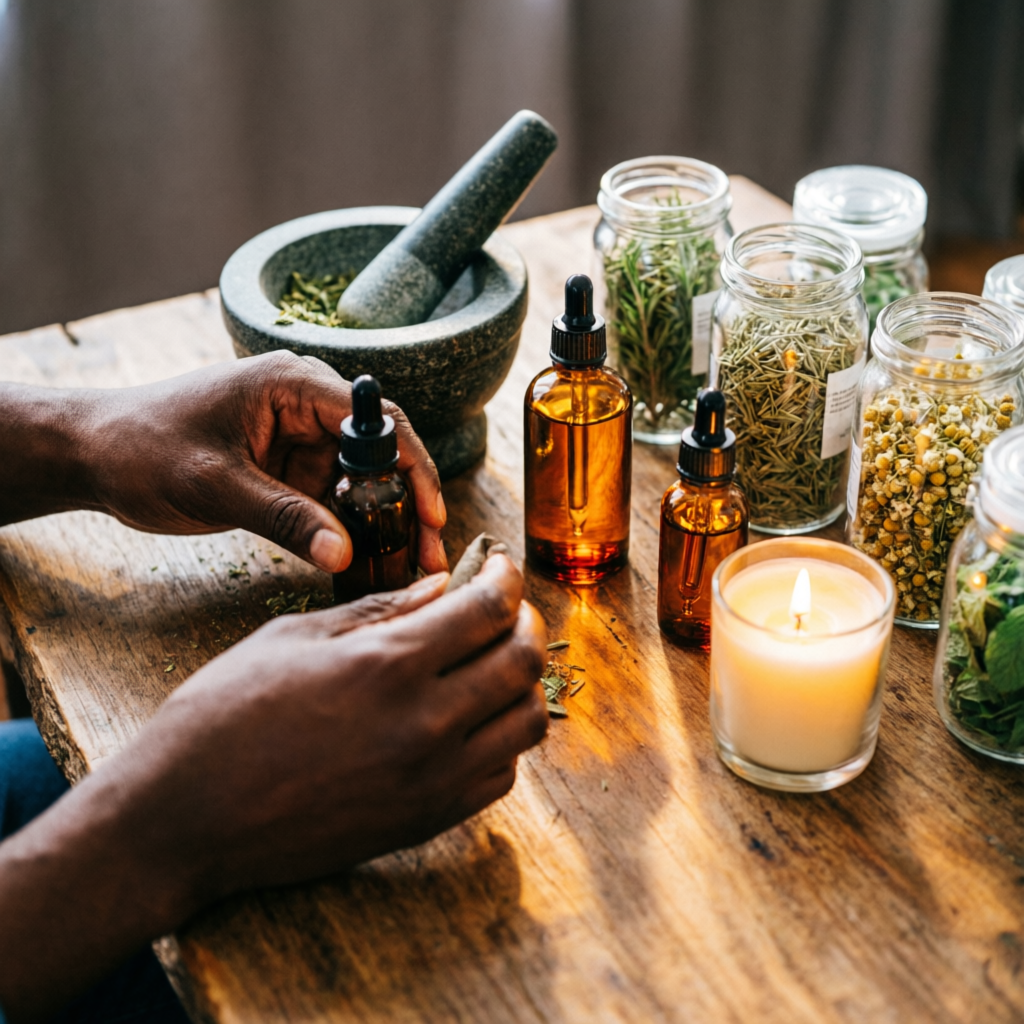 Dark-skinned Black hands crafting herbal tinctures at a wooden table