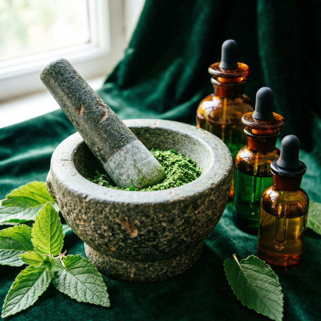 Dr. Dahrey hand-grinding fresh herbs in a stone mortar and pestle