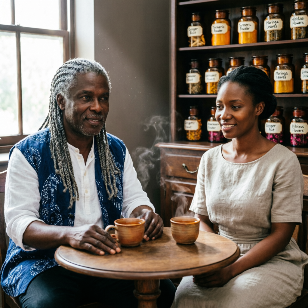 Black herbal doctor consulting with a Black patient over warm herbal tea