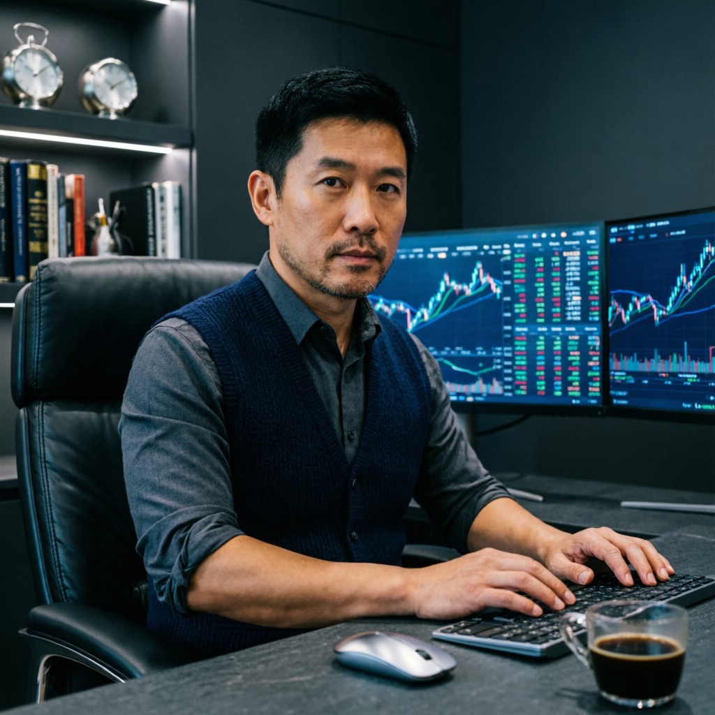 Professional trader at multi-monitor setup managing Apex Trader Funding funded account
