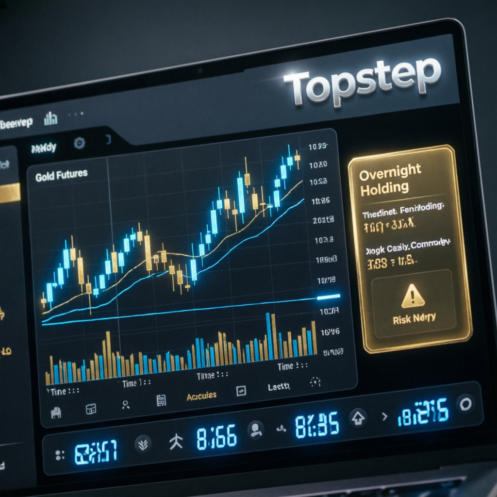 Topstep trading dashboard showing overnight holding rules and gold futures chart