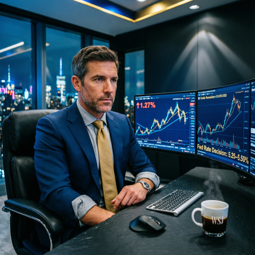 Professional forex trader analyzing multiple trading charts on large monitors in dark modern office
