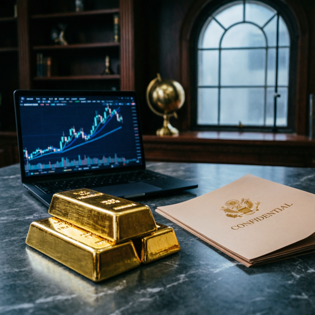 Financial authority concept with gold bars and trading charts on dark marble desk