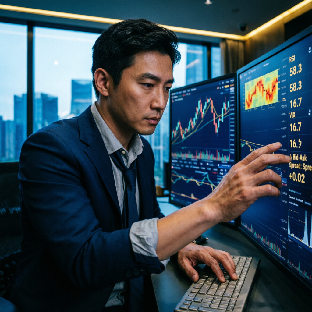 Professional trader analyzing market patterns and RSI indicators on multiple screens