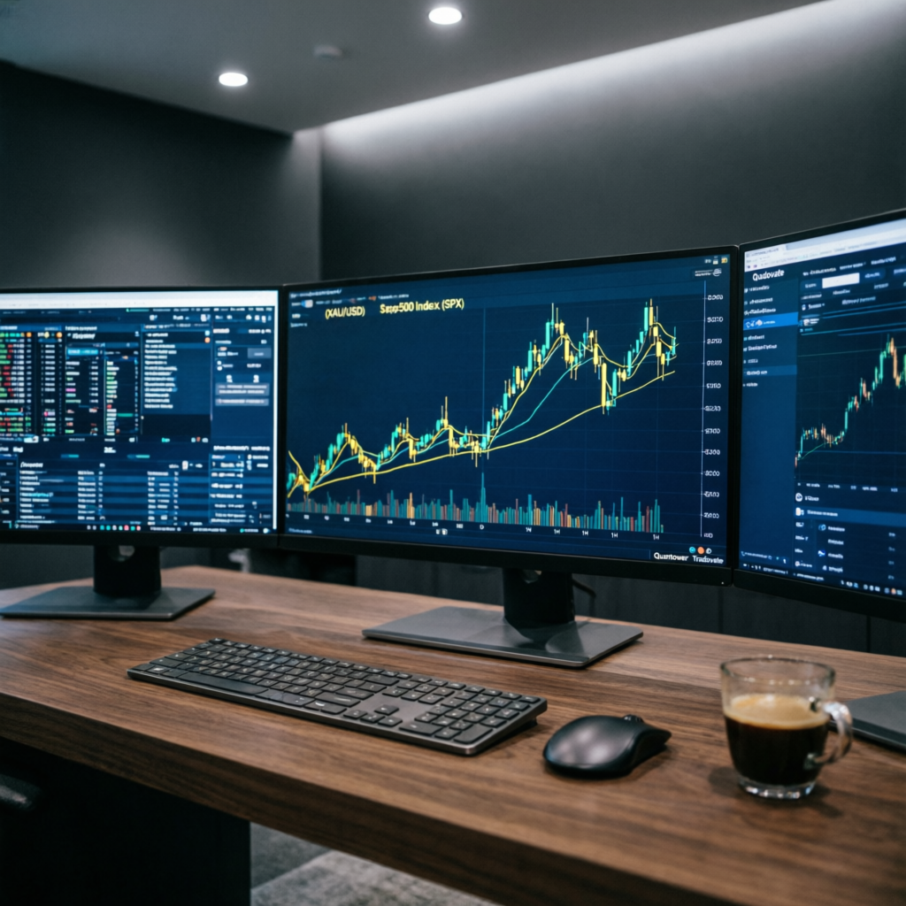 Modern futures trading setup with Quantower and Tradovate platforms showing S&P 500 charts