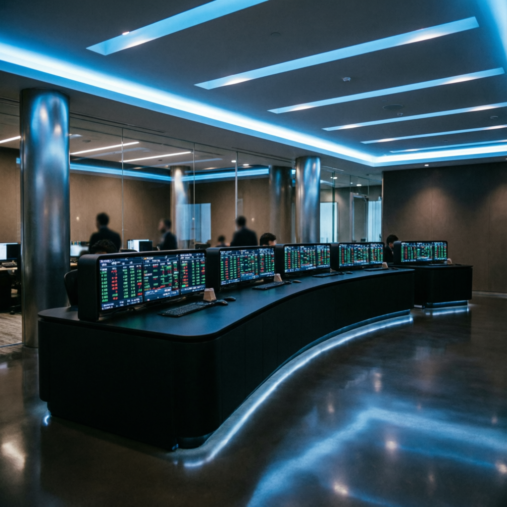 Premium prop firm trading floor with multiple screens showing live market data