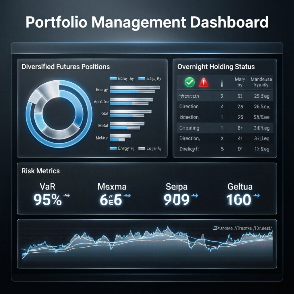 Portfolio management dashboard showing diversified futures positions and overnight holding status