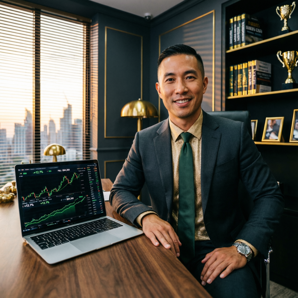 Professional trader with laptop showing green profit charts in premium office