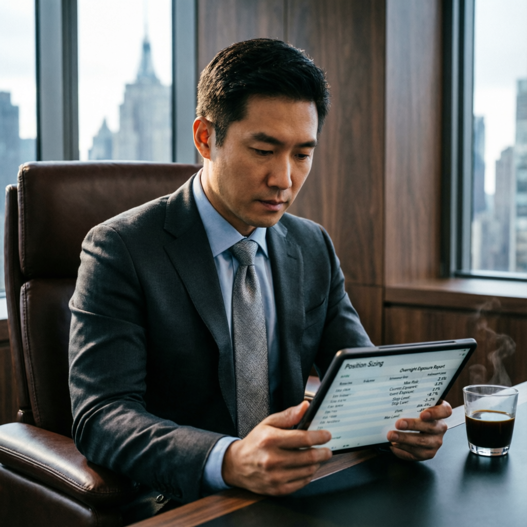 Professional trader reviewing position sizing and overnight exposure report on tablet