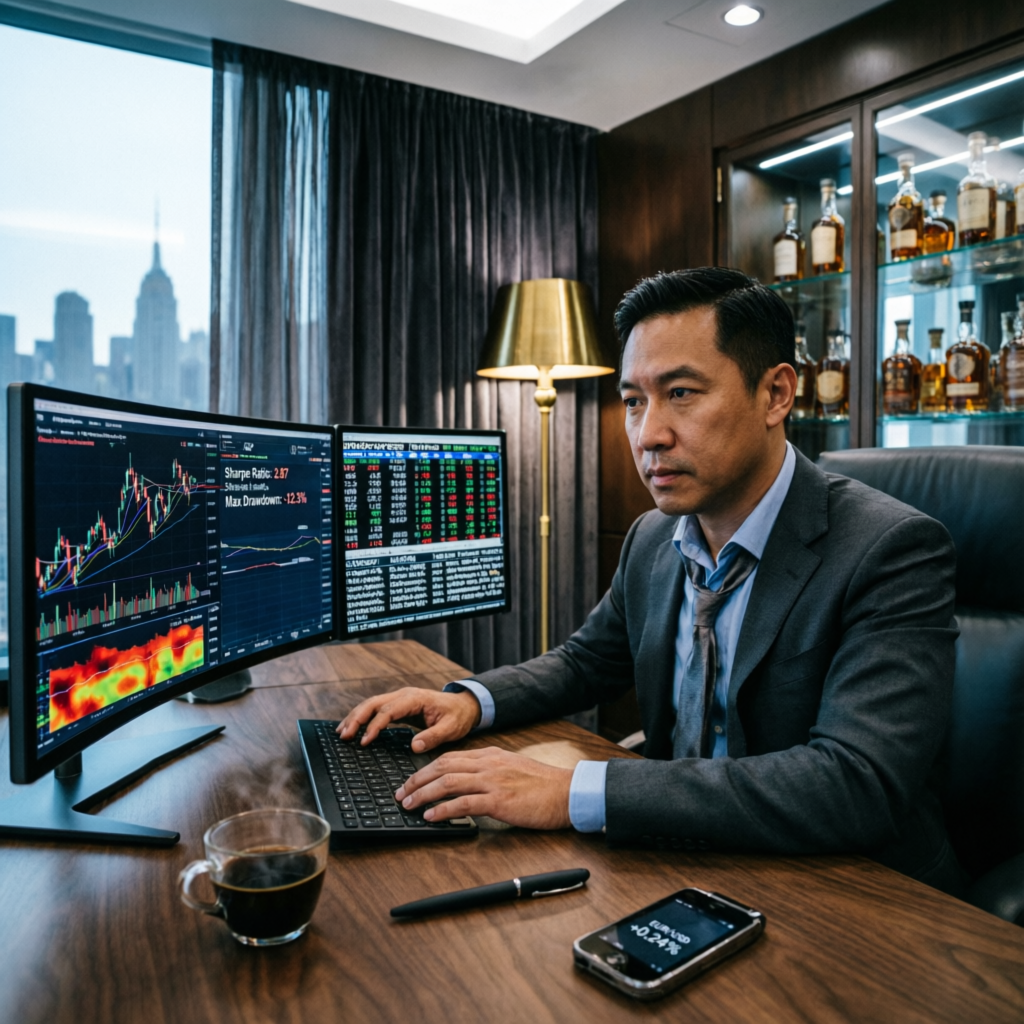 Professional trader reviewing overnight trading strategy on multiple monitors in luxury office