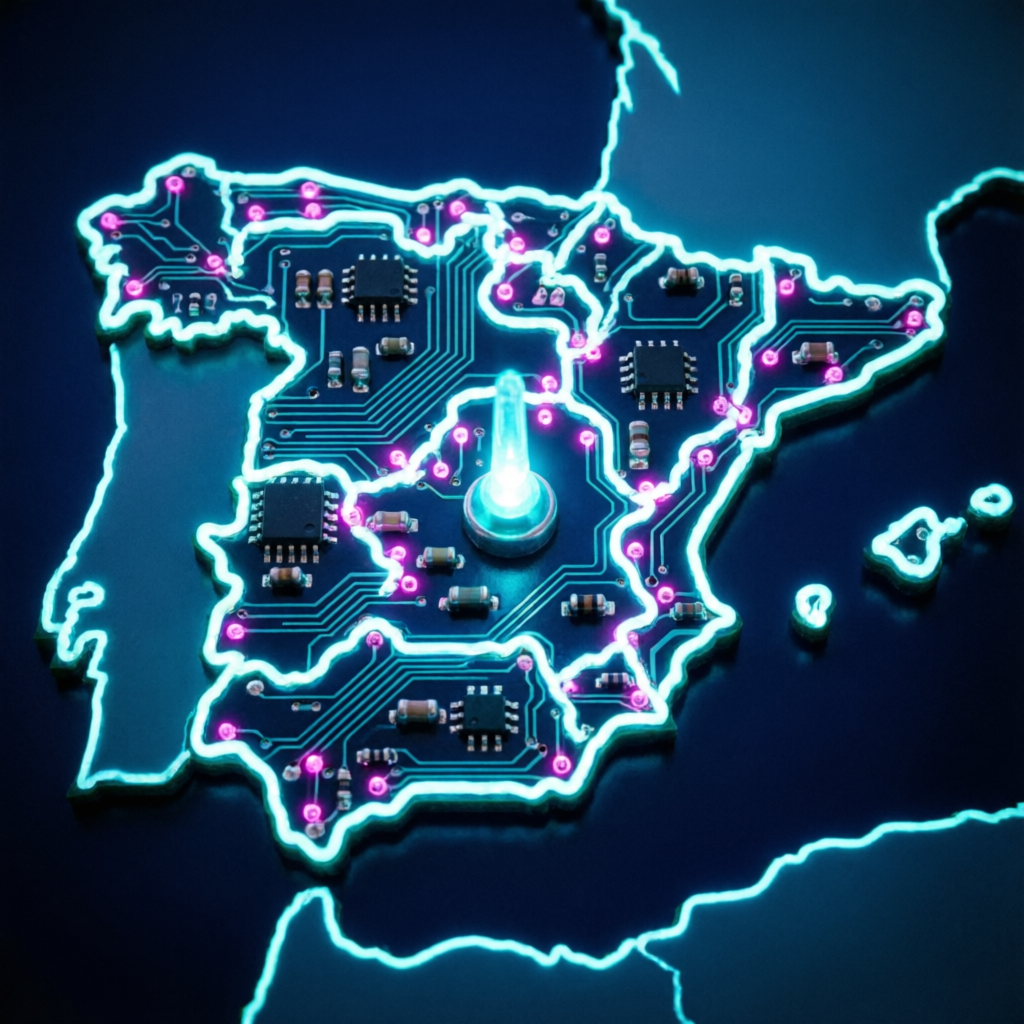 Mapa de España estilo circuito PCB con nodo central en Lucillos