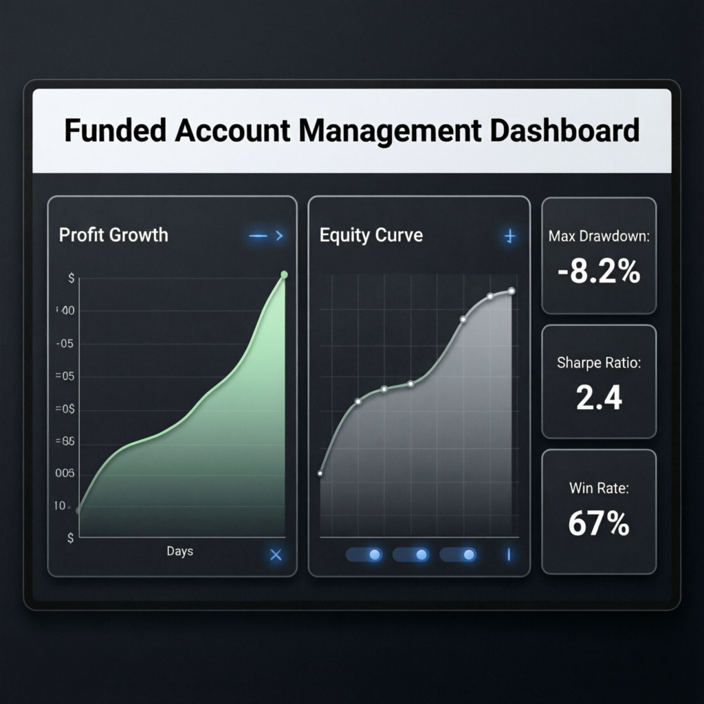 Funded Account Management Dashboard showing profit growth and equity curves