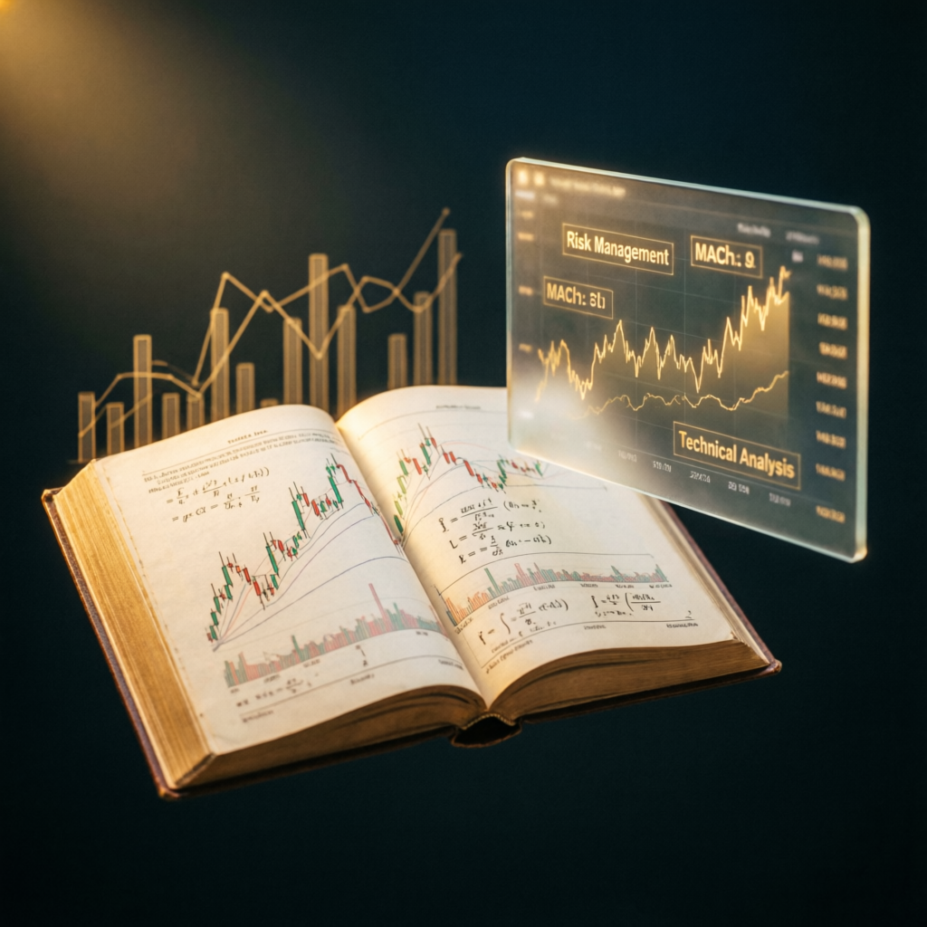 Trading education book with risk management and technical analysis concepts