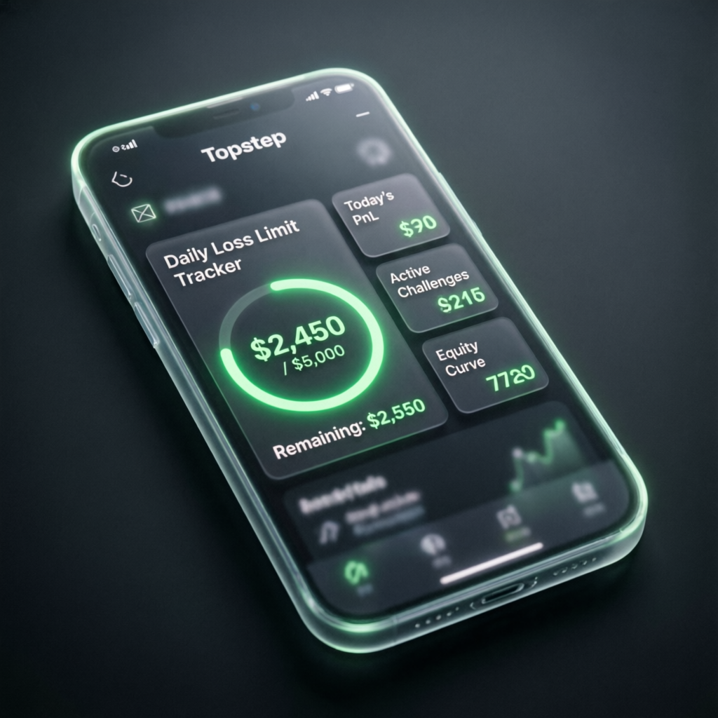 Mobile trading app showing Topstep dashboard with daily loss limit tracker