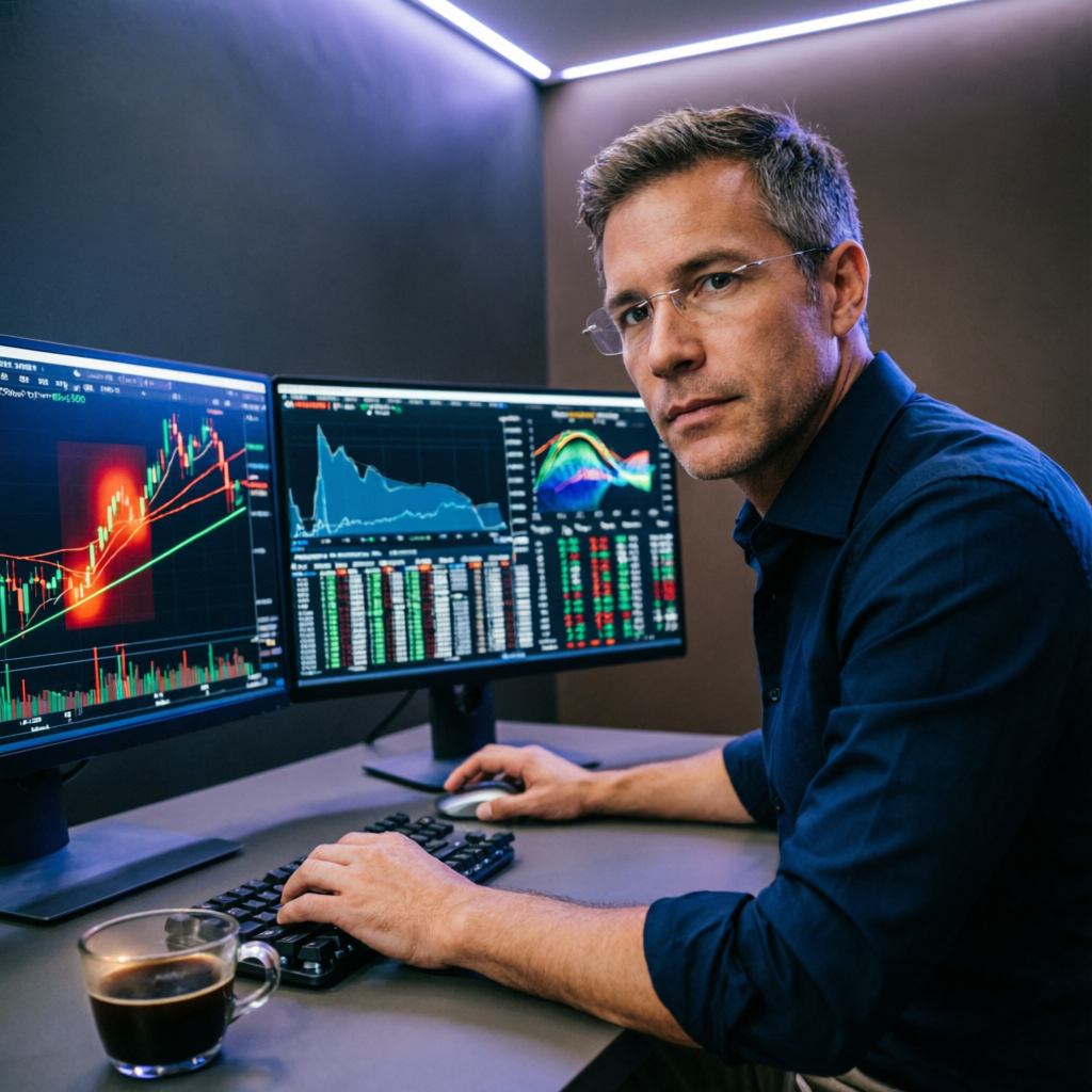 Professional trader analyzing Topstep futures charts with risk management overlay