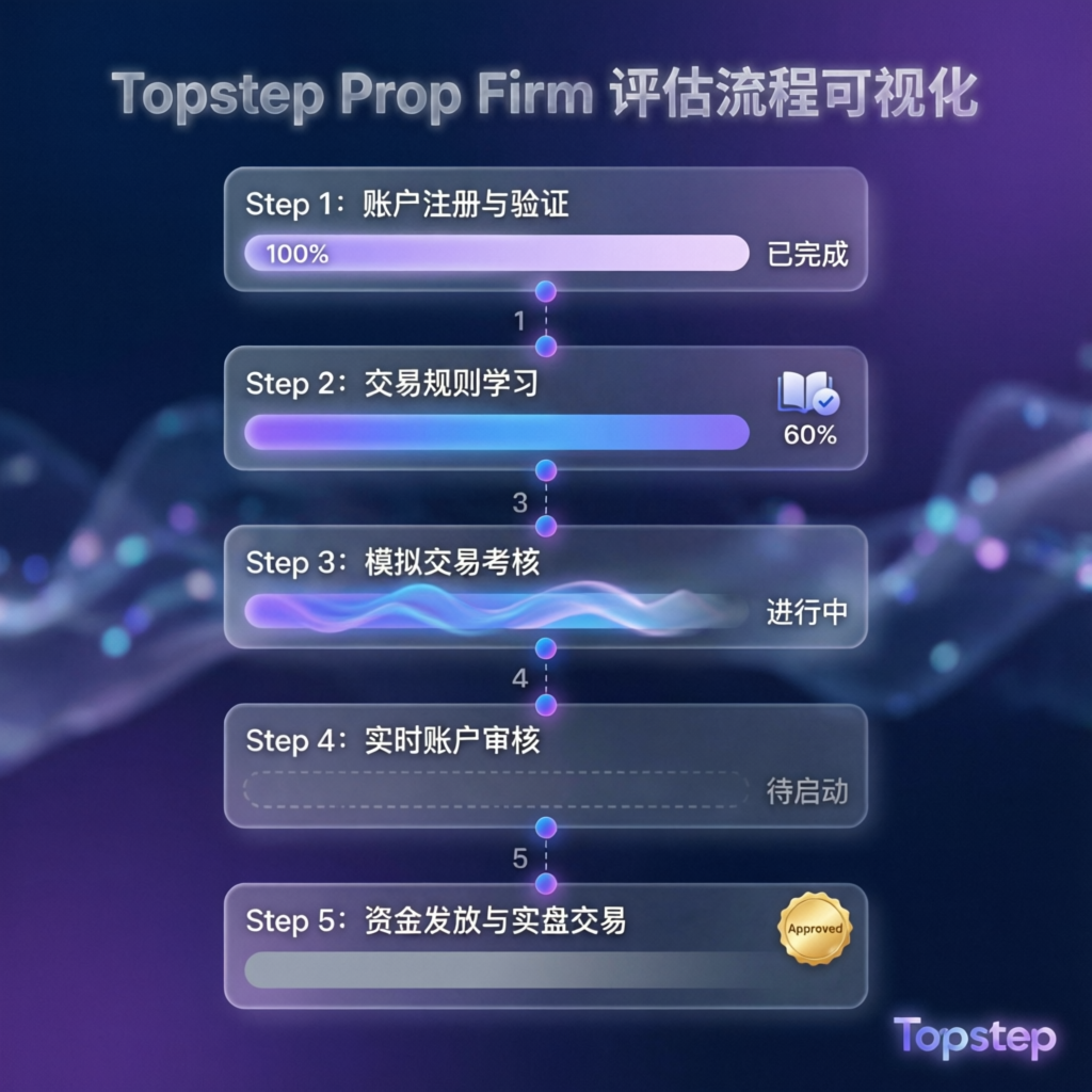 Topstep prop firm evaluation process visualization showing step by step progress