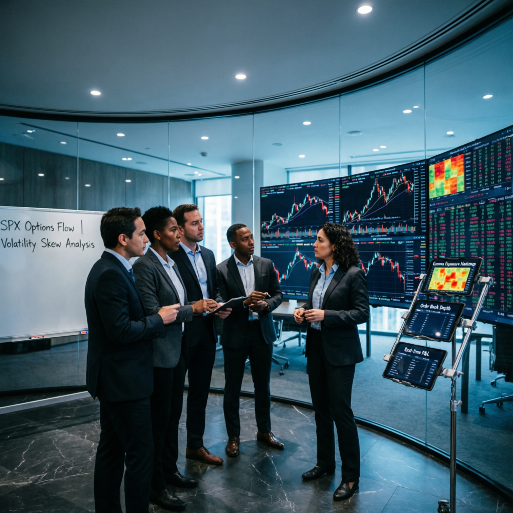 Professional prop firm trading team meeting analyzing charts together