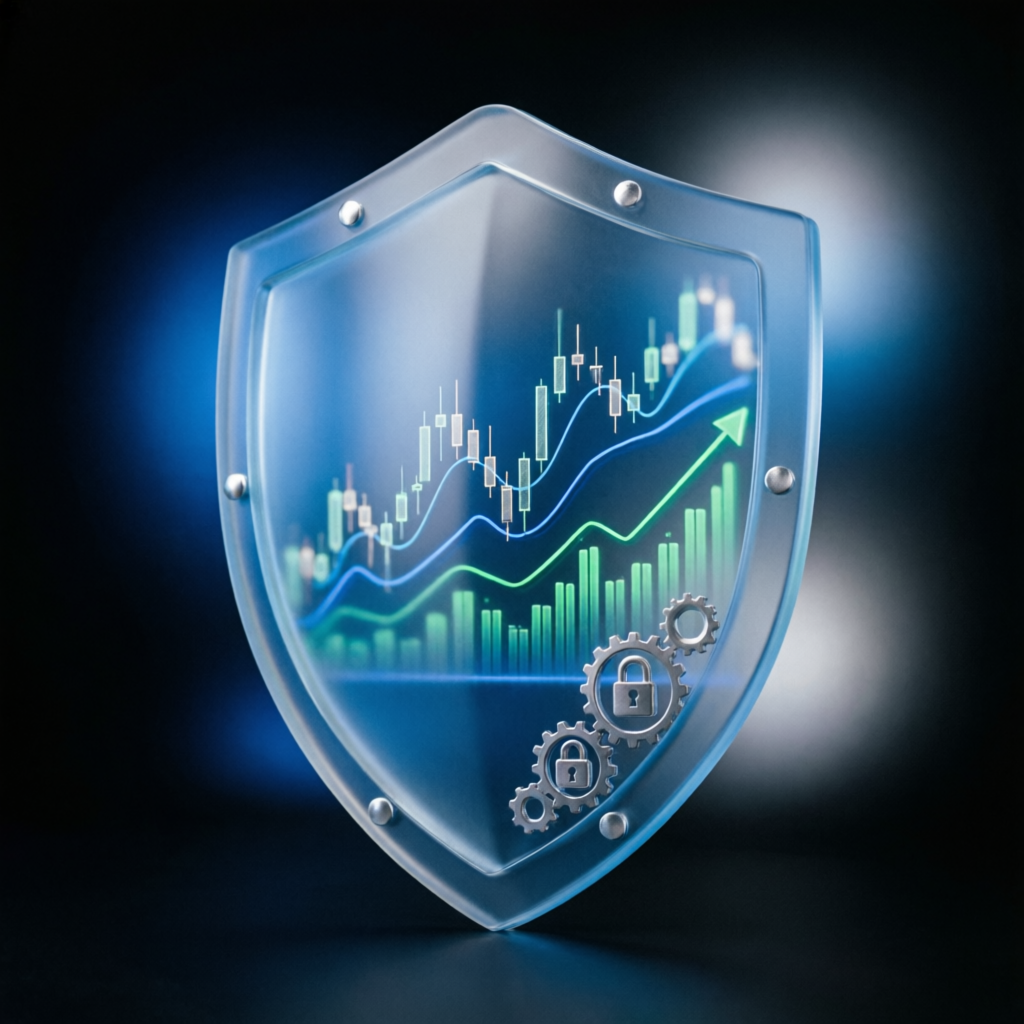 Risk management shield protecting trading capital with financial charts