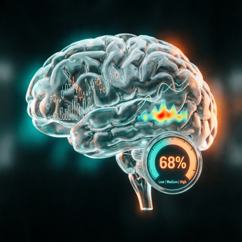 Trading psychology concept showing brain with financial charts and risk meter