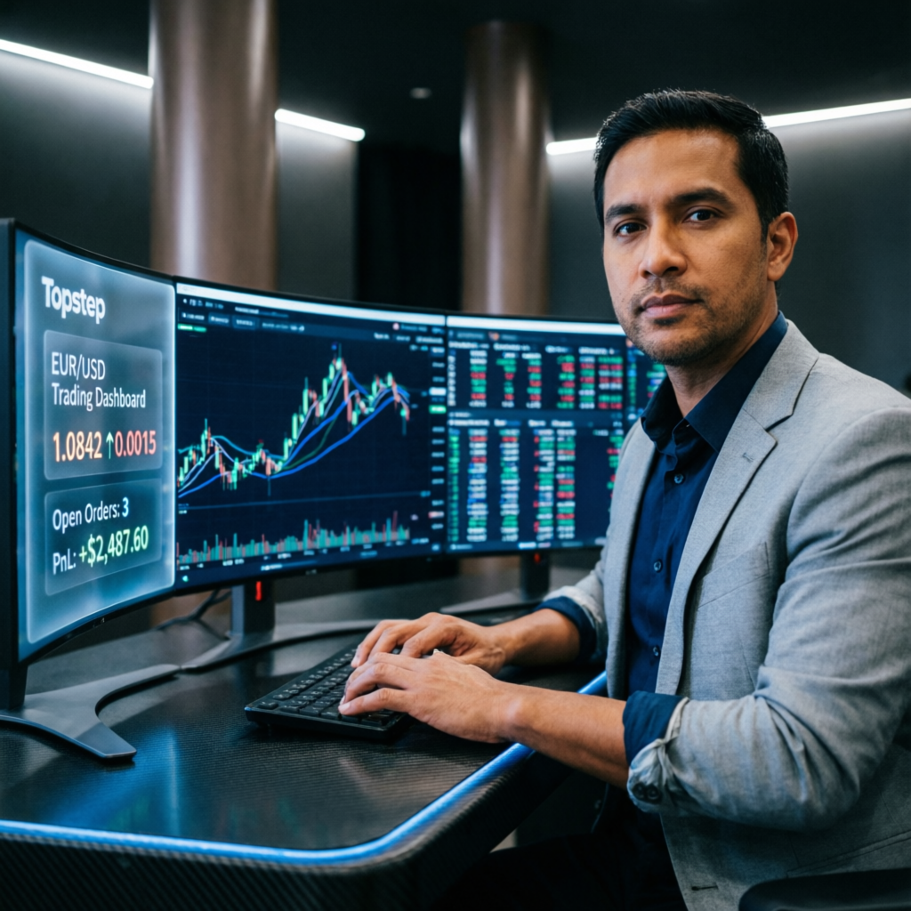 Professional forex trader working at Topstep trading dashboard with multiple monitors showing futures charts