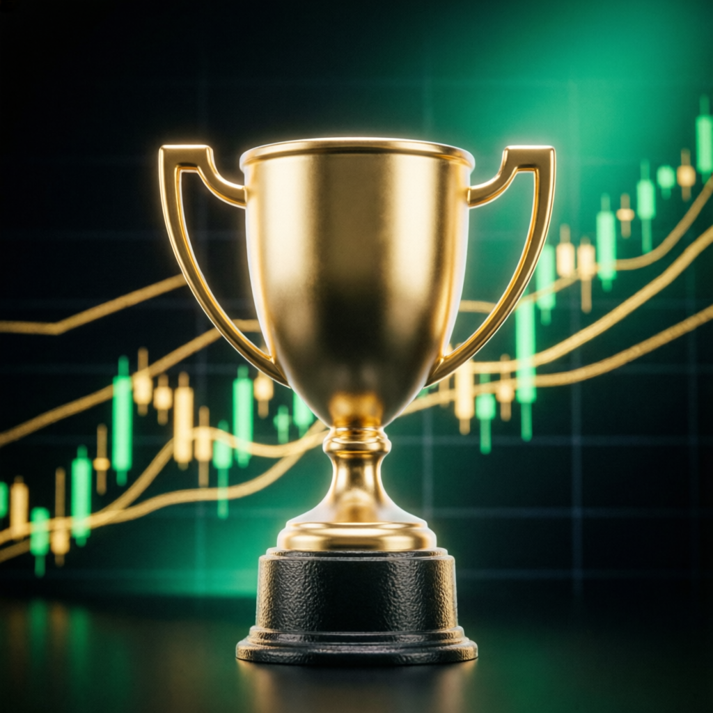 Funded account success trophy with trading charts background