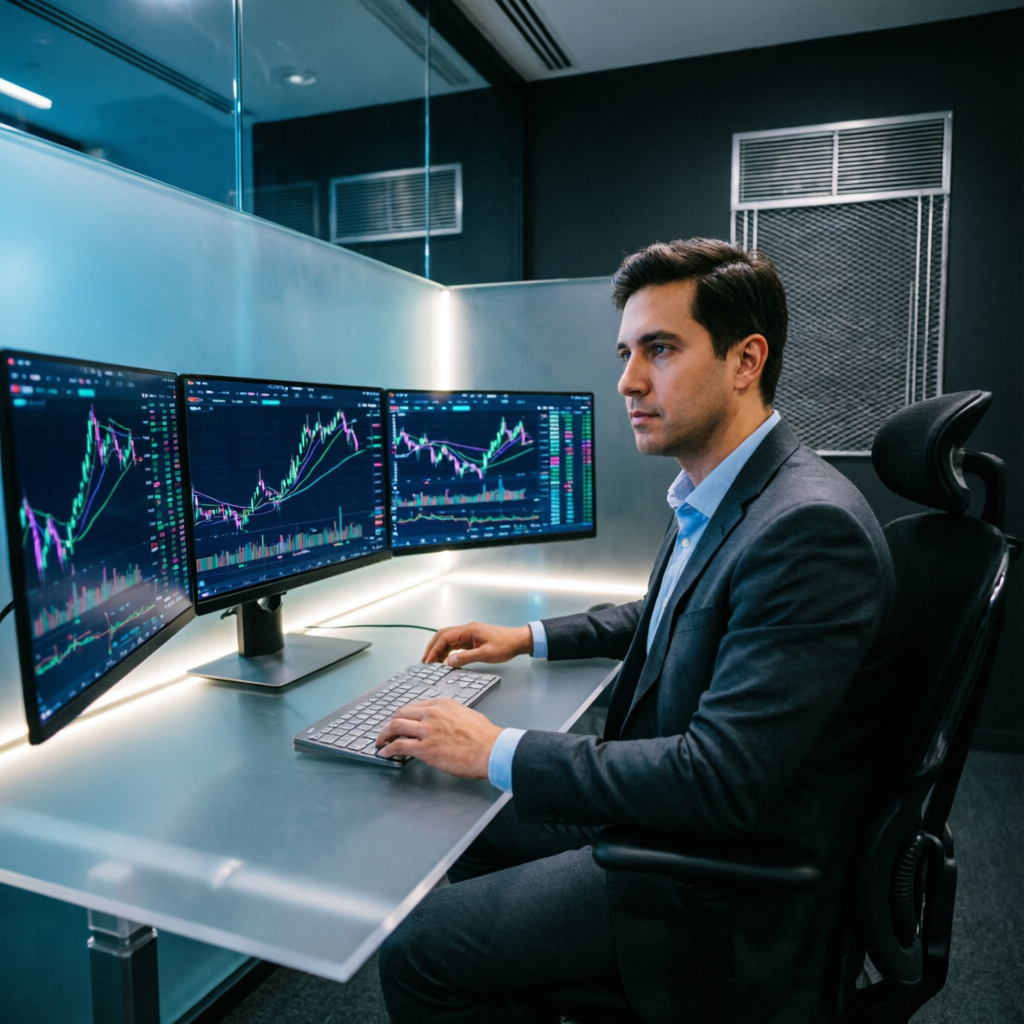 Professional trader analyzing multiple screens with futures trading charts in modern fintech office