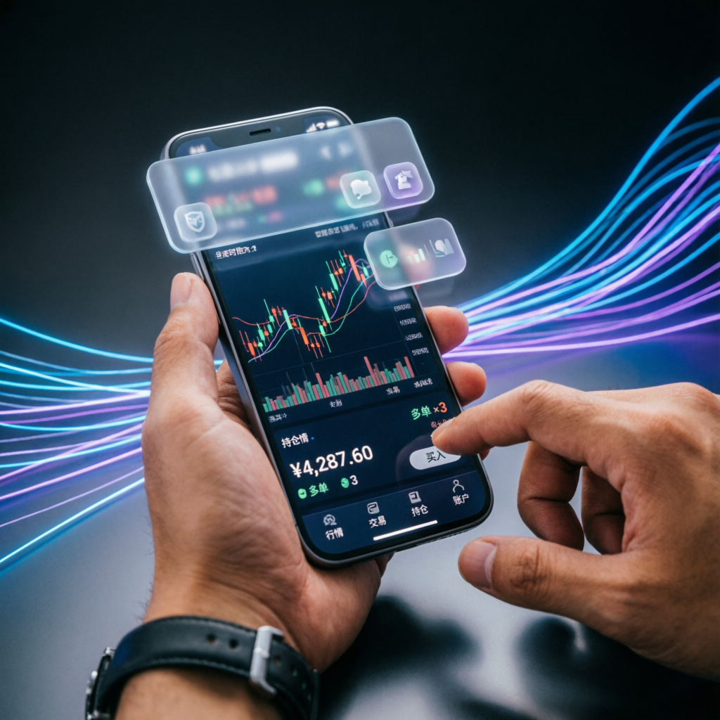 Mobile trading setup showing smartphone with futures trading app and glassmorphism interface