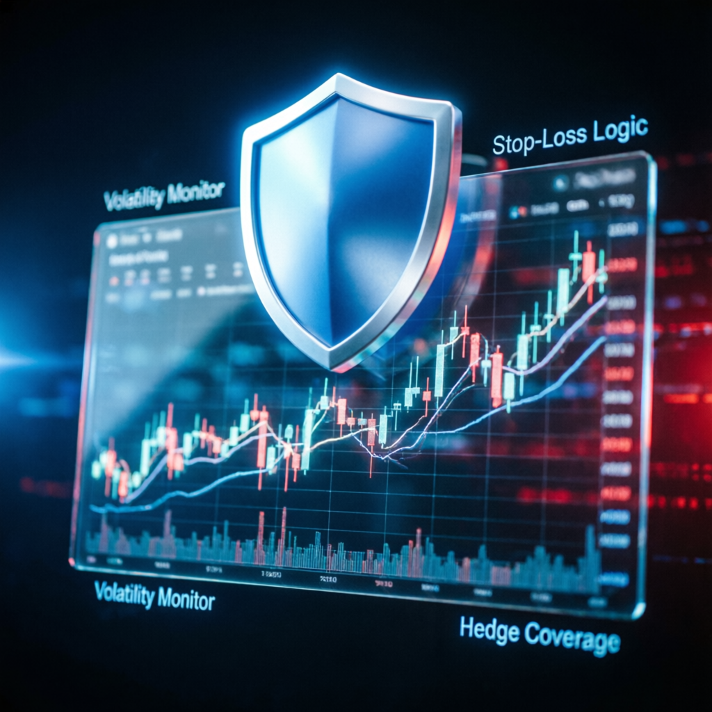 Risk management shield protecting trading charts with volatility monitor and stop-loss logic