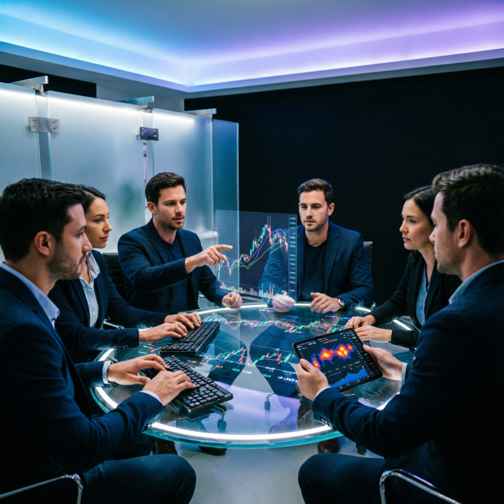 Professional prop trading team collaborating on futures trading strategies in modern office