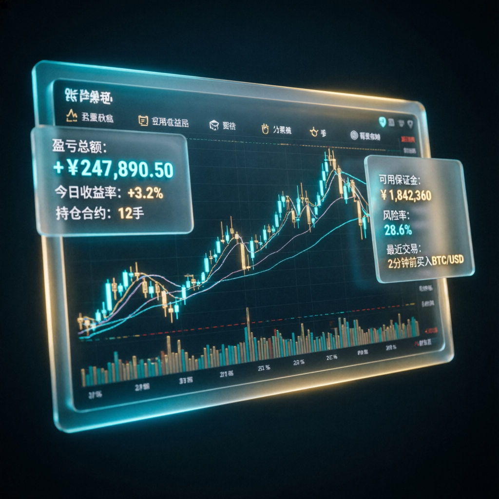 Futuristic trading dashboard with glassmorphism panels showing futures charts and account statistics