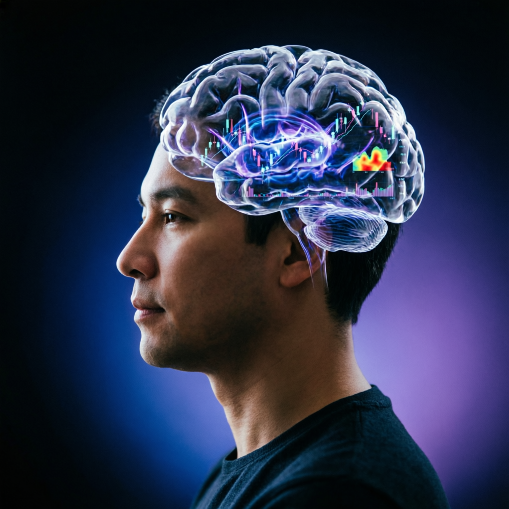 Trading psychology concept showing trader's brain with futures charts visualization