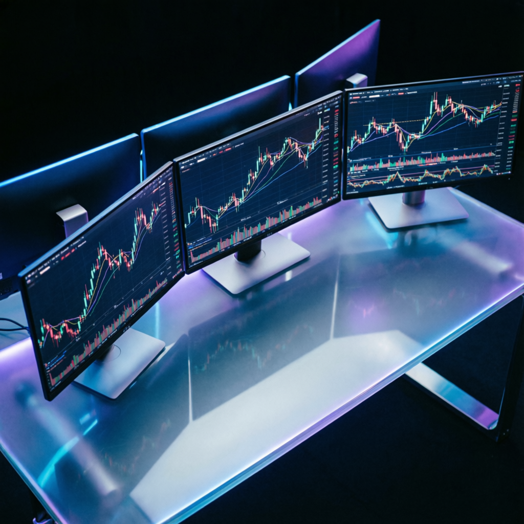 Premium multi-monitor trading setup with futures charts and glassmorphism desk elements