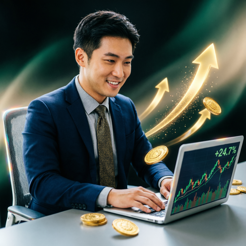 Successful trader celebrating funded account profits with upward trending charts and golden coins