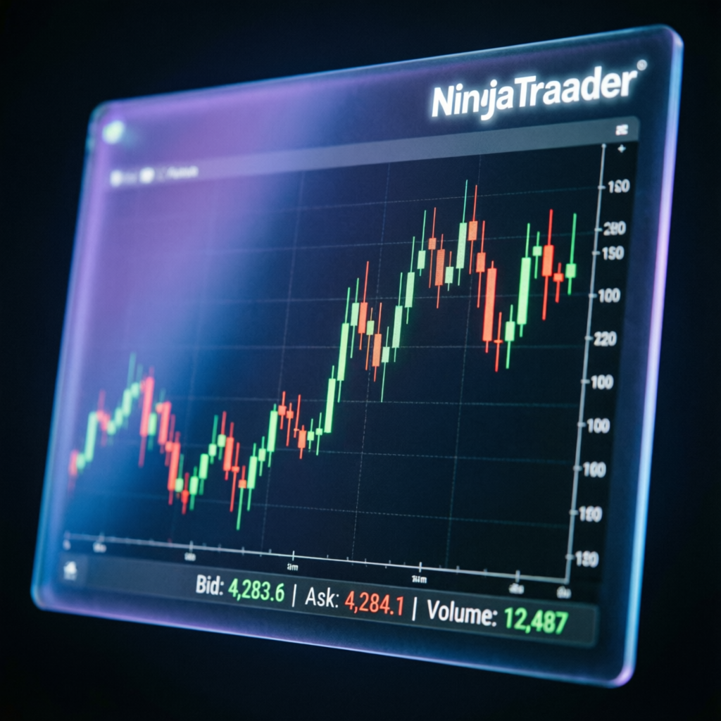 NinjaTrader platform interface showing futures trading charts with bid ask prices and volume data