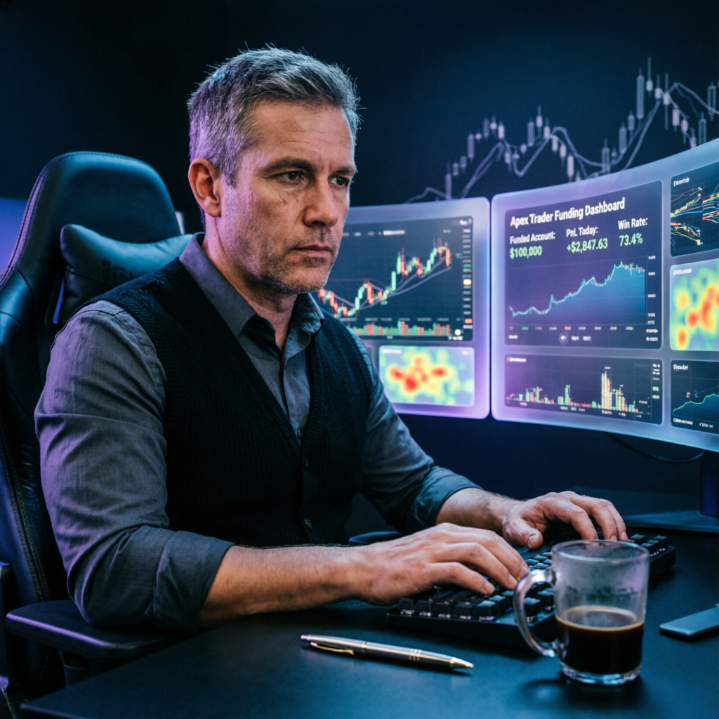 Professional forex trader analyzing Apex Trader Funding dashboard with multiple monitors showing futures charts and account statistics
