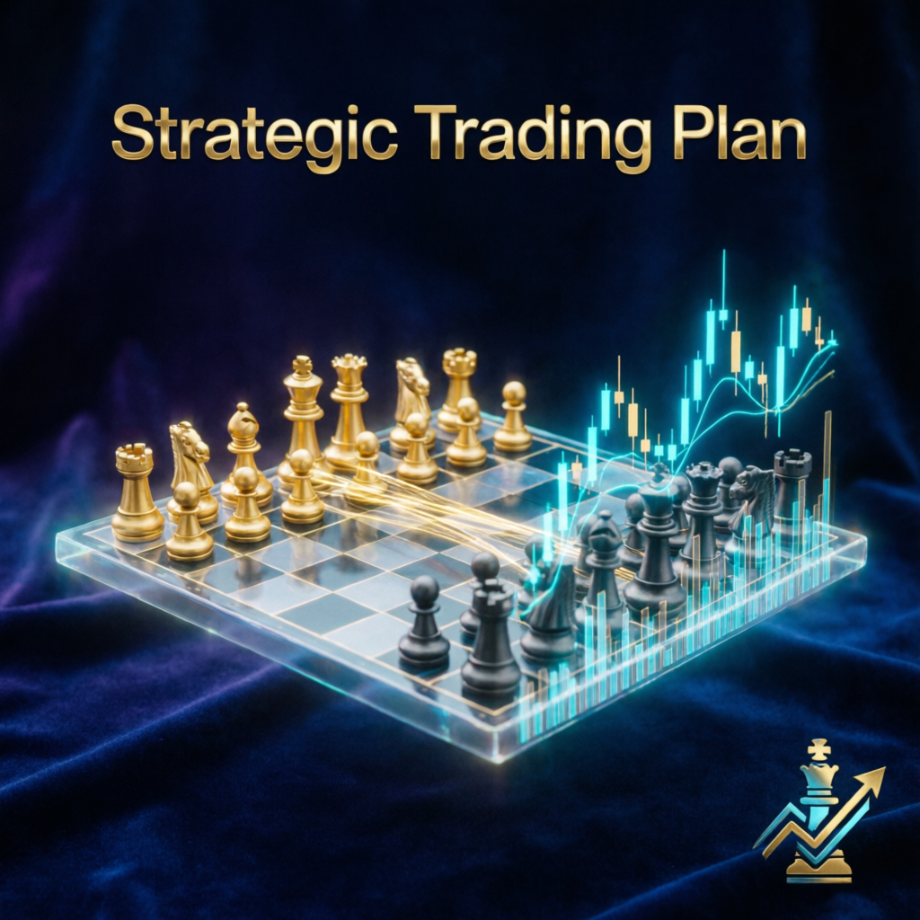Strategic trading plan with chess pieces and financial charts