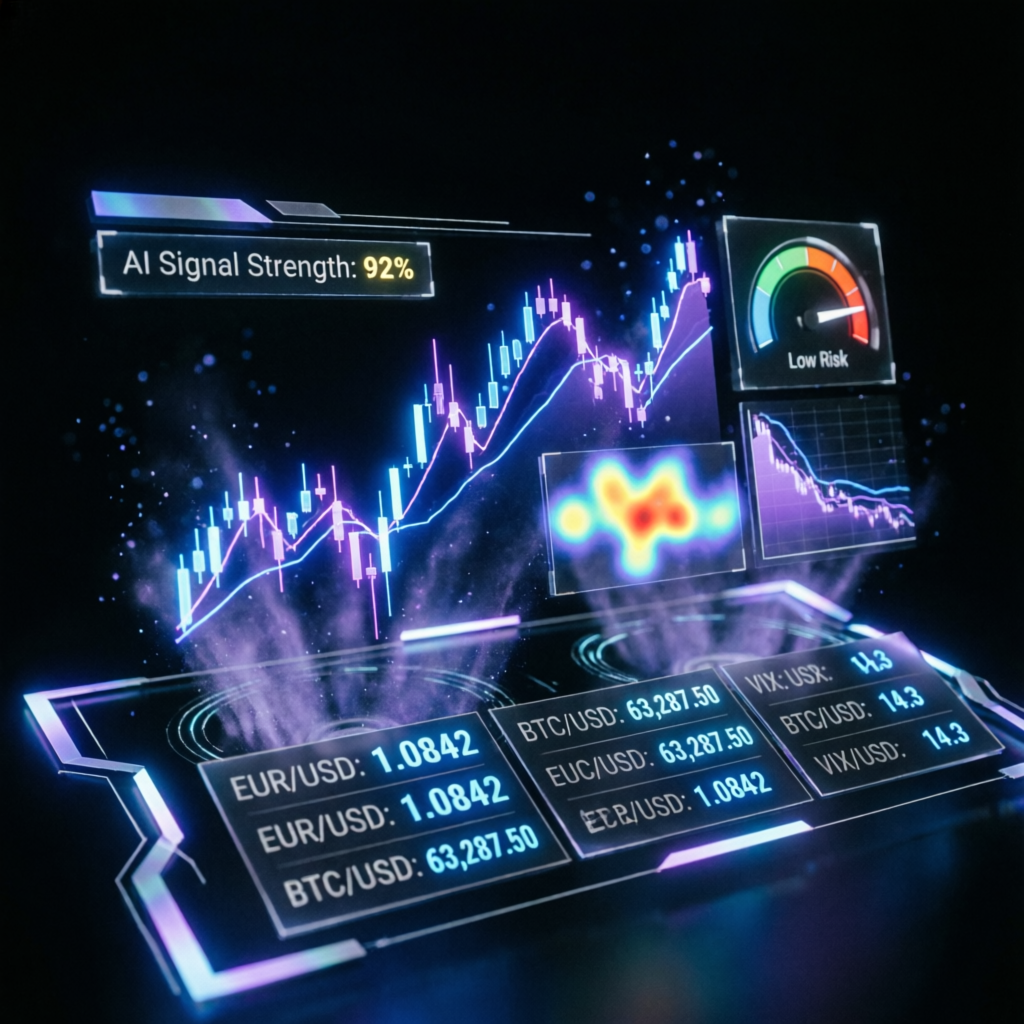 AI-powered Apex Trader Funding dashboard with holographic charts and trading analytics