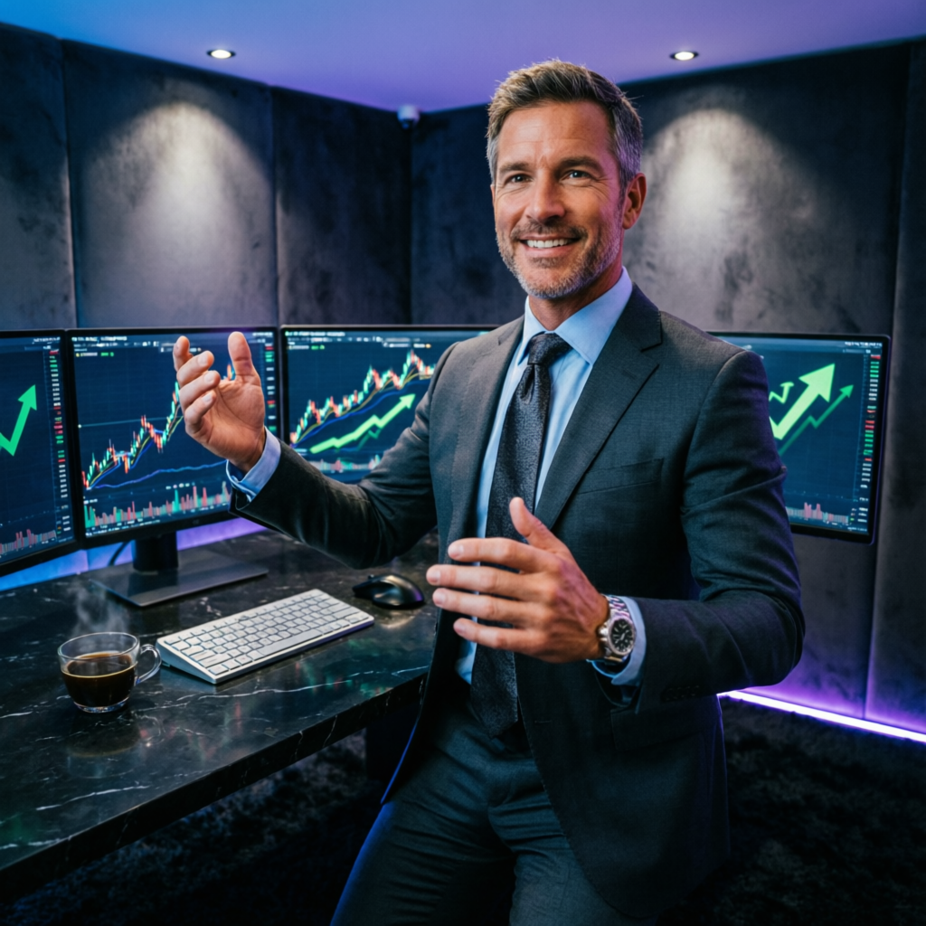 Professional prop firm trader celebrating success with premium trading setup
