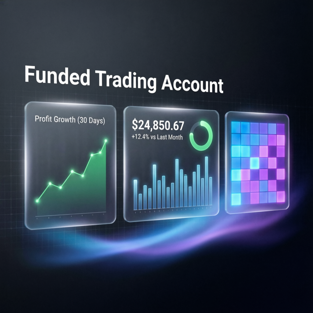 Funded trading account dashboard showing profit growth and analytics