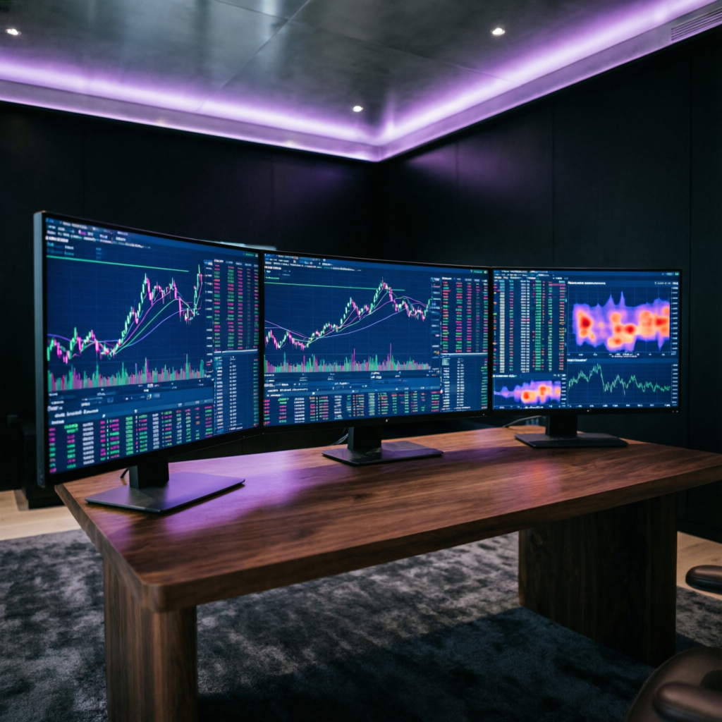 Premium multi-screen trading workstation with futures charts