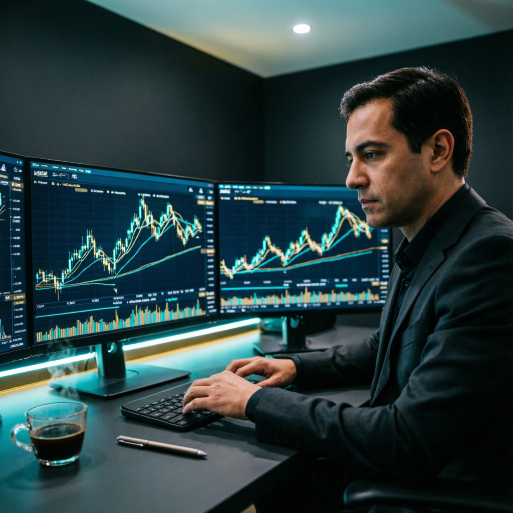 Professional trader analyzing Apex trading platform with multiple futures charts