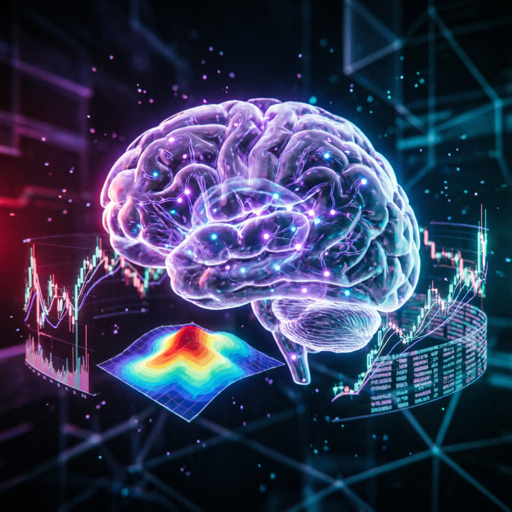 Trading psychology brain visualization with financial charts