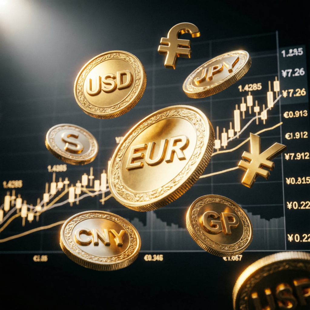 Forex Currency Trading with Gold Coins and Charts
