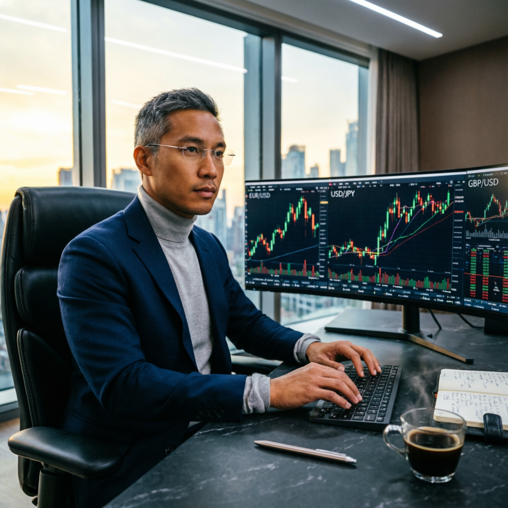 Professional forex trader analyzing candlestick patterns on multiple monitors for prop firm challenge trading