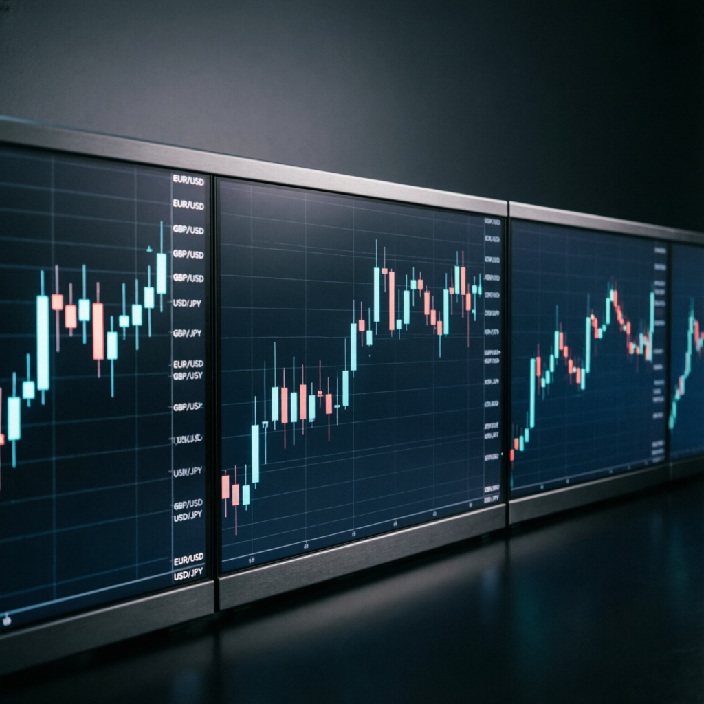 Professional forex trading monitors displaying candlestick patterns and candlestick chart analysis for prop firm traders