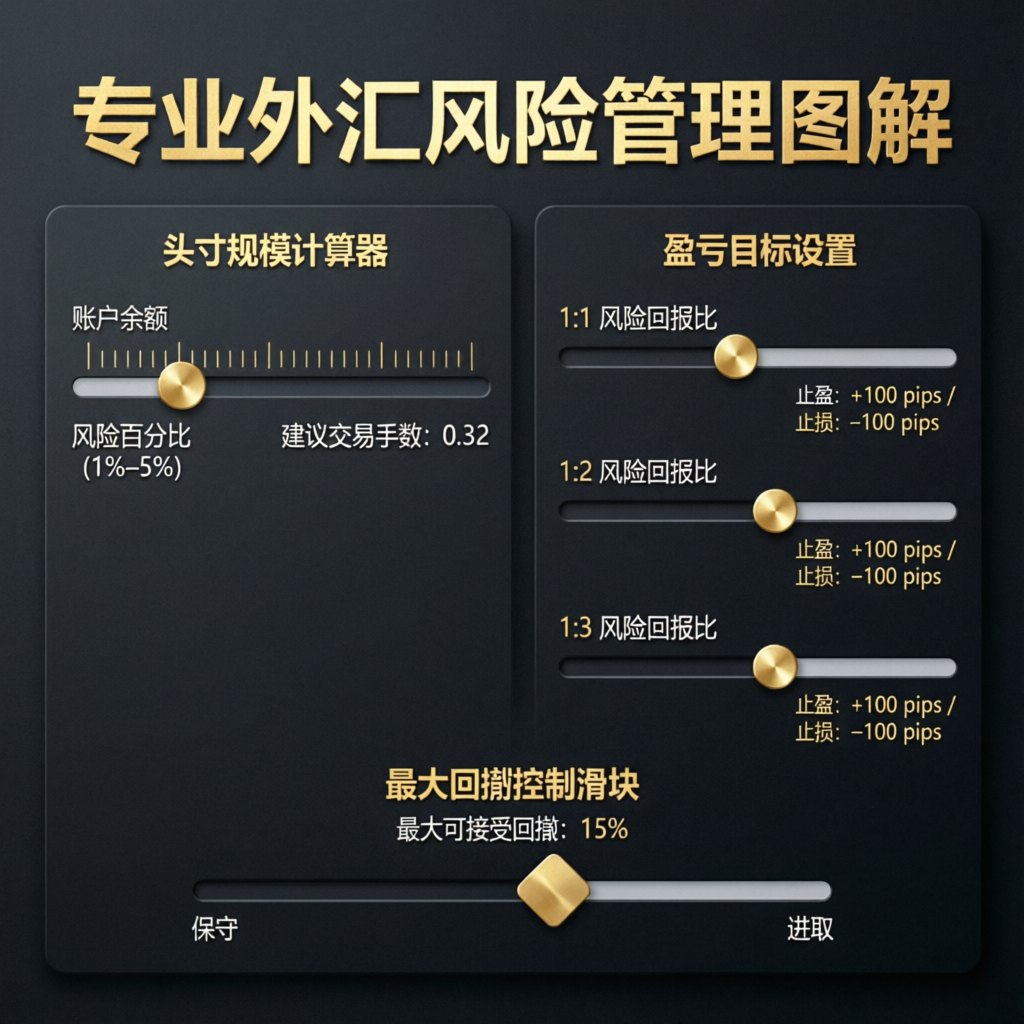 Professional forex risk management infographic showing position sizing, drawdown control and profit target settings