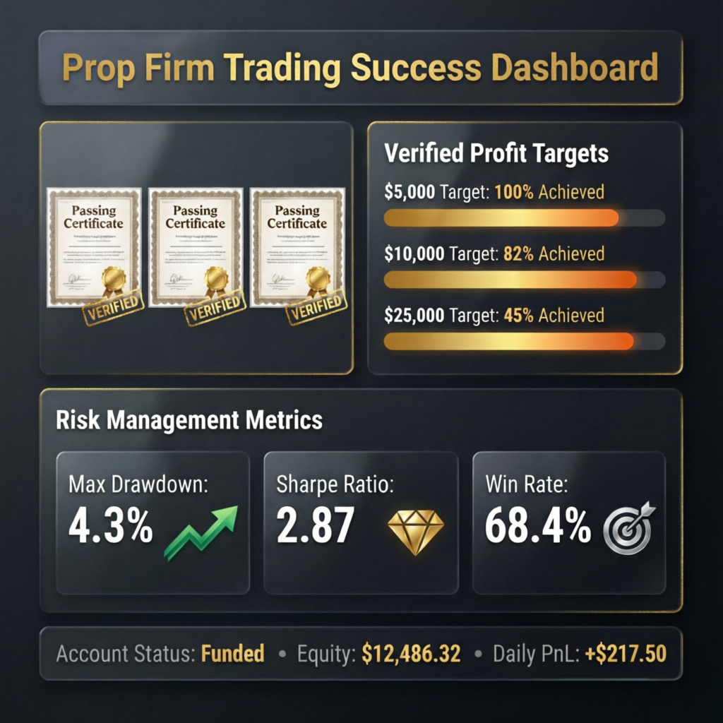 Prop firm trading success dashboard showing passing certificates, verified profit targets and risk management metrics