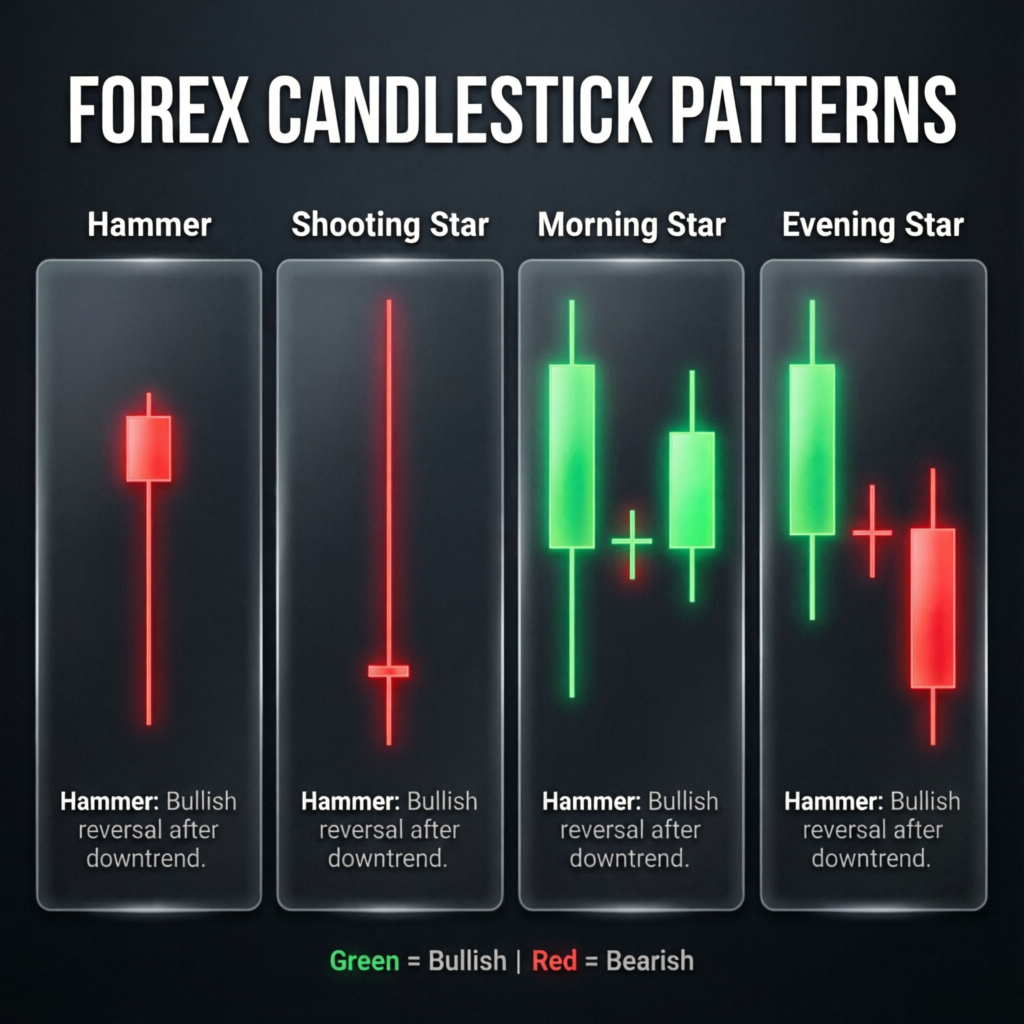 Forex candlestick patterns educational guide showing hammer, shooting star, morning star and evening star patterns
