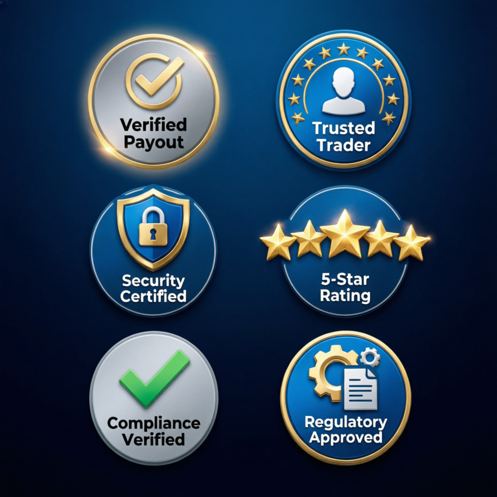 Topstep trust and reliability badges showing verified payout, trusted trader, security certified, 5-star rating, compliance verified, regulatory approved