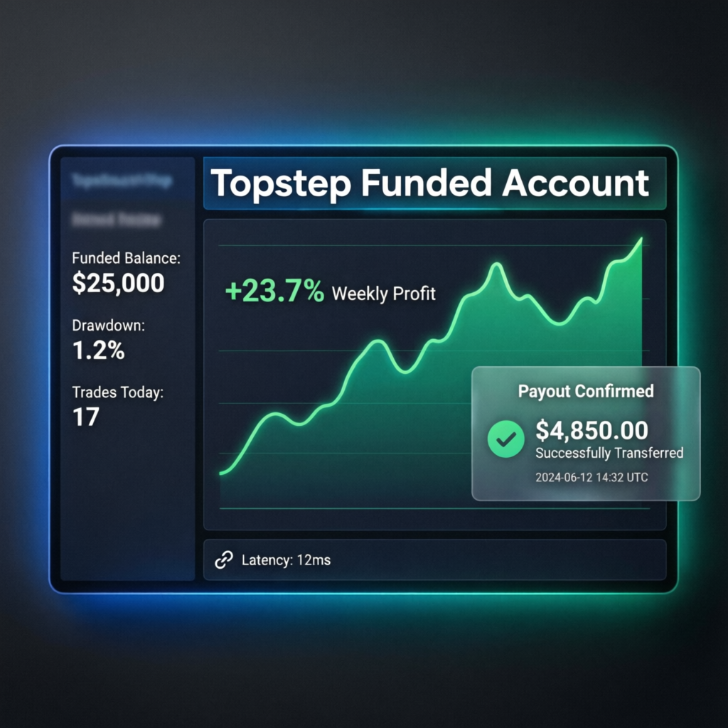 Topstep Funded Account Dashboard showing payout confirmed with $4,850 successfully transferred - Topstep funded trader payout proof